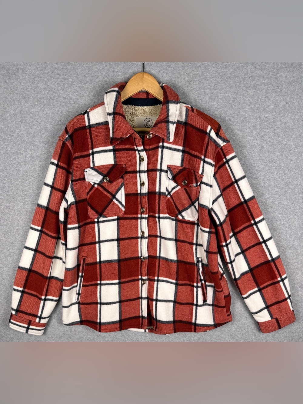 SAGE Collective Plaid Sherpa Lined Shacket Jacket Red Cream Women's L